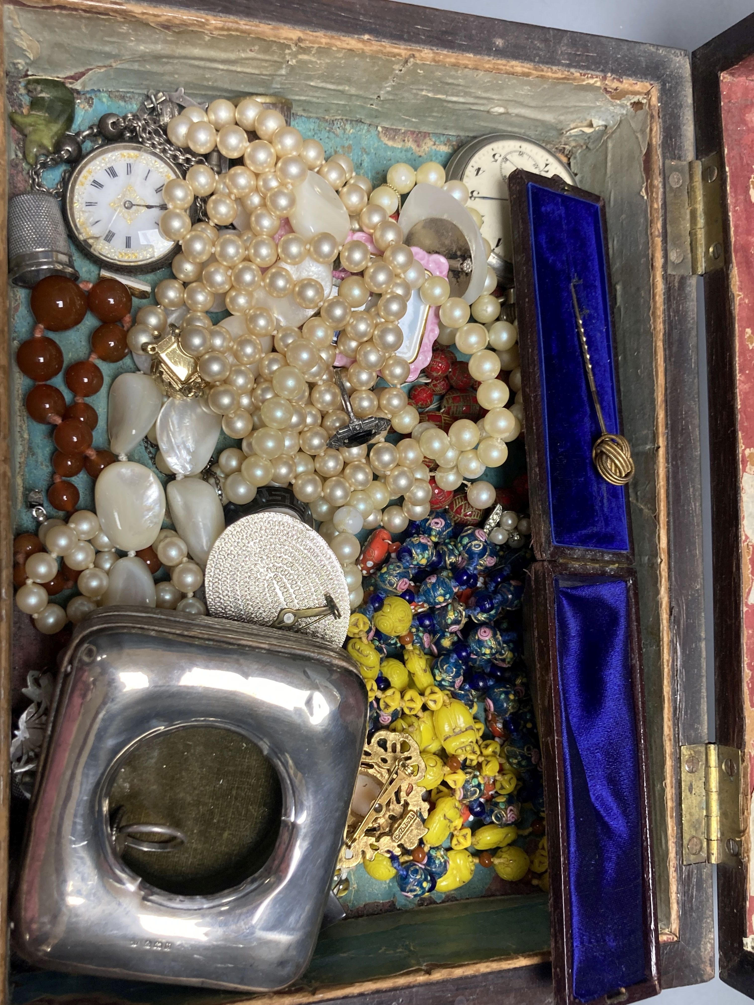 A silver travelling watch case, two pocket watch and assorted jewellery including knot stick pin, costume, necklaces etc.